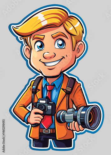 Friendly cartoon photographer holding camera.
