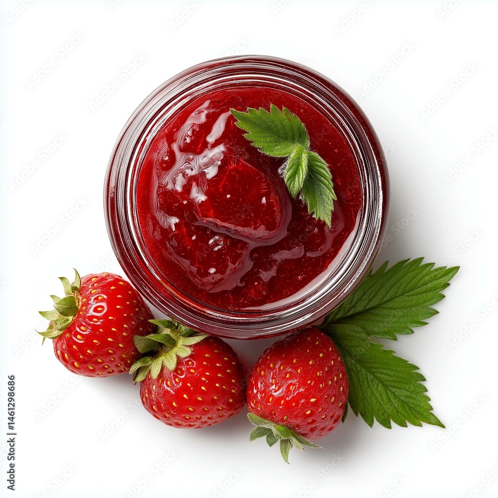 A delicious jar of strawberry jam surrounded by fresh strawberries and green leaves, perfect for breakfast.