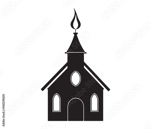 Church icon vector illustration. Minimalist church with flame. Religious building silhouette. 