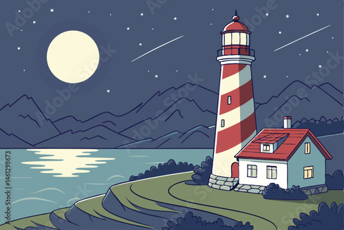 62 lighthouse at night, coastal landscape, moonlit sky, starry night, calm waters, mountain silhouettes, red and white striped lighthouse, glowing lighthouse beacon, reflections on water, cartoon styl