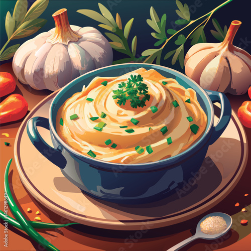 Delicious mashed potatoes topped with herbs.