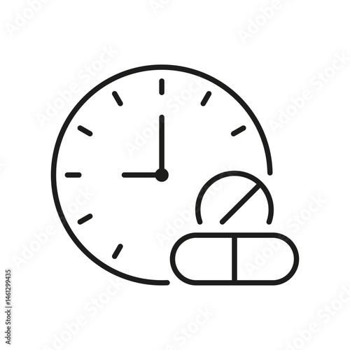 Clock With Pills Line Icon. Medication Timing, Dosage Schedule, And Prescription Management Outline Symbol. Healthcare Planning. Editable Stroke. Isolated Vector Illustration