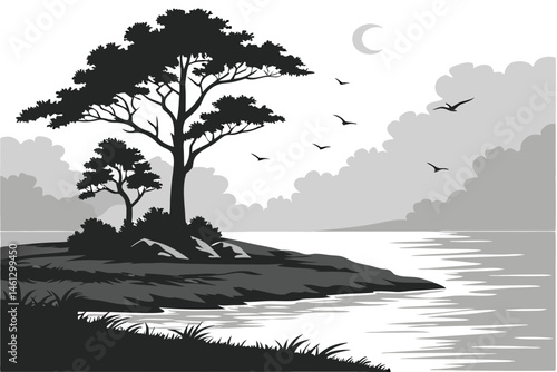 63 Silhouette island, black and white landscape, reflective water, calm sea, dramatic clouds, flying birds, lone trees, minimalist artwork, monochromatic illustration, serene atmosphere, nature scene,