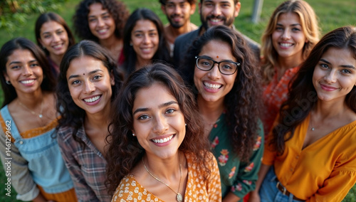 Group of cheerful Indian university students looking up at camera from top view showing unity friendship and positive campus life energy