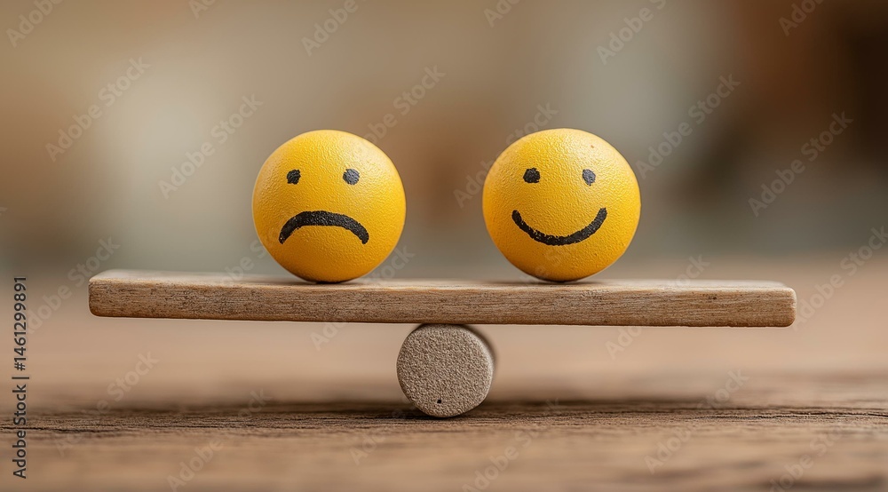 A wooden seesaw with a happy and sad yellow smiley face illustrating the balance of emotions.