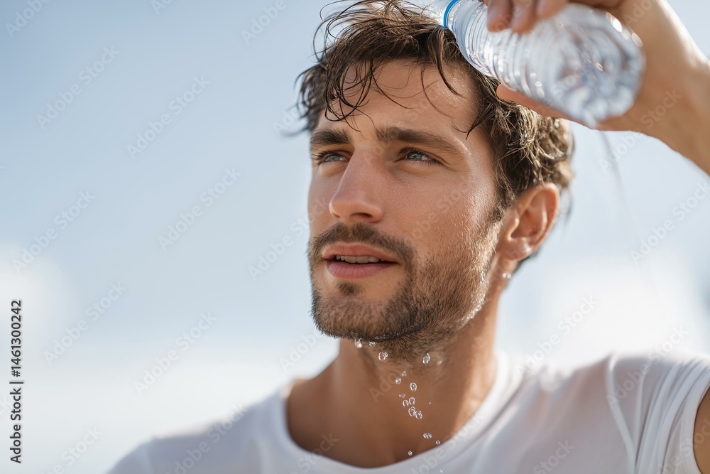 A young man refreshing himself with water while outdoors, showcasing a healthy lifestyle and vitality.