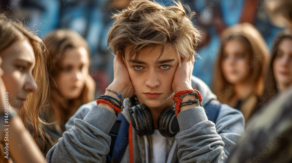A young man shows signs of distress while surrounded by a group, illustrating feelings of isolation and anxiety.