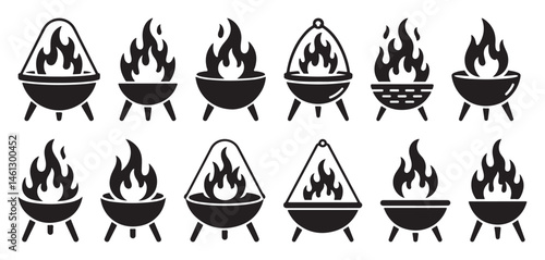 Silhouette set of fire pits on three legs, black vector illustrations for camping and outdoor design themes 