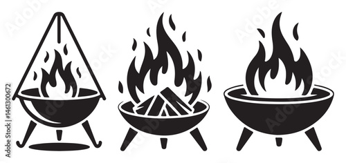 Silhouette set of fire pits on three legs, black vector illustrations for camping and outdoor design themes 