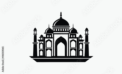 taj mahal silhouette, black and white, indian monument vector, famous landmark illustration, simple architectural design