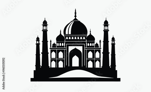 taj mahal silhouette, black and white, indian monument vector, famous landmark illustration, simple architectural design