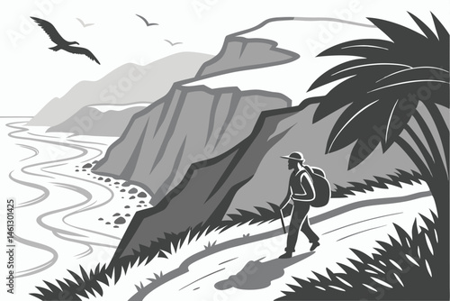64 Black and white illustration, coastal landscape, dramatic cliffs, winding path, lone hiker with backpack, ocean waves, flying seagulls, stylized vegetation, high contrast, woodcut style, minimalist
