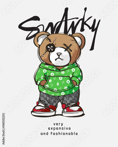 swanky slogan with cartoon bear doll in fashionable green hoodie vector illustration