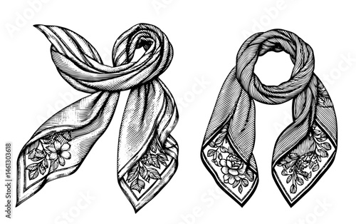floral patterned scarf tying methods in black and white line drawing style