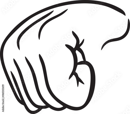 A stylized outlined arm flexes with a prominent bicep.