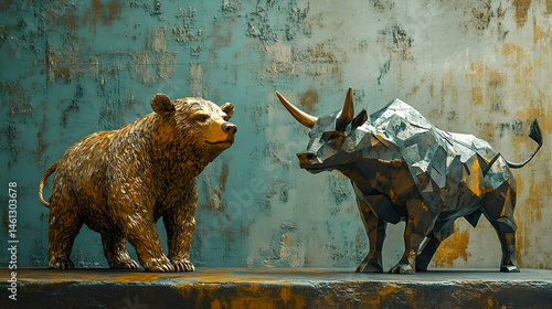 Bronze bear and bull sculptures facing each other.