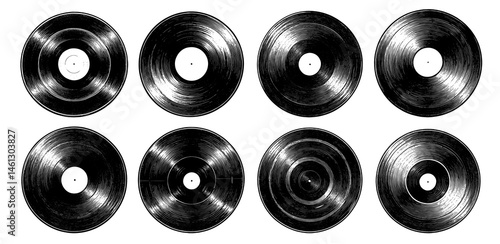 vinyl records set in woodblock print style, black and white, music collection retro audio.