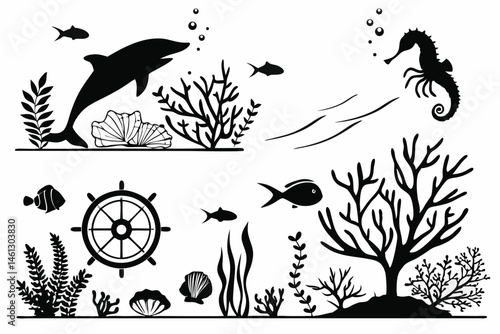 65 Underwater silhouette scenes, black and white aquarium illustrations, marine life silhouettes, coral reef shadows, seaweed and algae patterns, ocean floor landscapes, tropical fish outlines, shark 