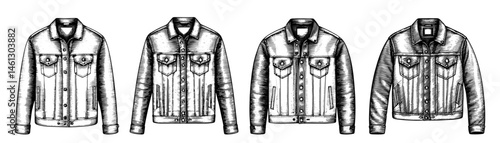denim jackets in detailed illustration style, black and white, representing fashion apparel or clothing retail.
