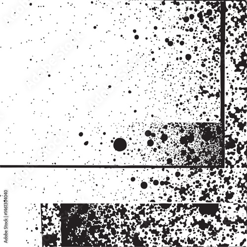 A scattered collection of dark dots forms a fragmented abstract composition.