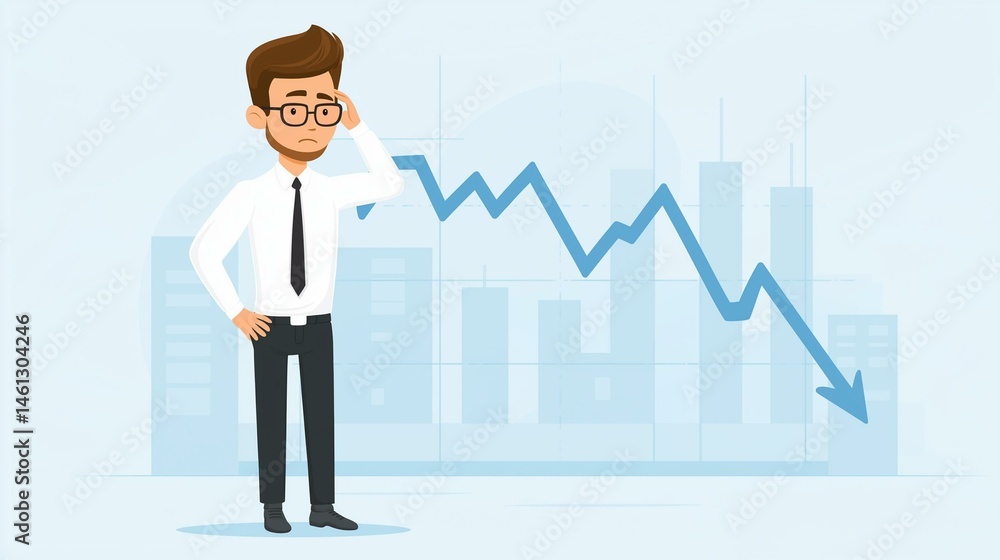 Frustrated businessman observing a declining graph, expressing concern about financial performance in a modern office setting. Frustrated businessman observing a declining graph, expressing concern about financial performance in a modern office setting.