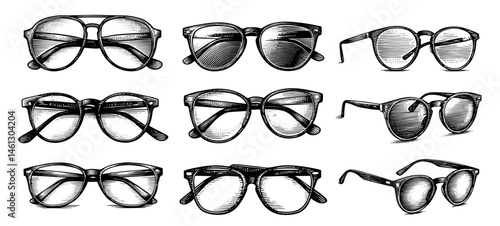 Eyeglasses Collection in Vintage Printmaking Style in Black and White for Optical Fashion Illustration