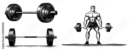 Muscular Weightlifter Performing Deadlift in Vintage Woodblock Style in Black and White for Fitness Illustration