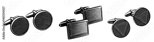 vintage cufflinks in printmaking style with geometric designs Black and white illustrations
