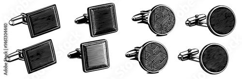 pairs of vintage cufflinks in engraving style with geometric patterns , black and white illustrations