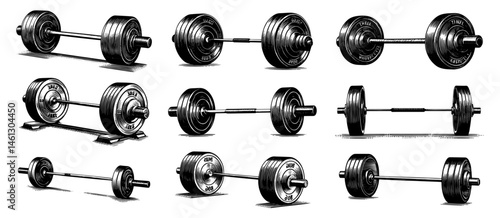 Barbells in woodcut style with black and white ink illustration, weightlifting equipment 