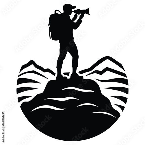 Photographer Black and white vector silhouette of a cameraman isolated on white background