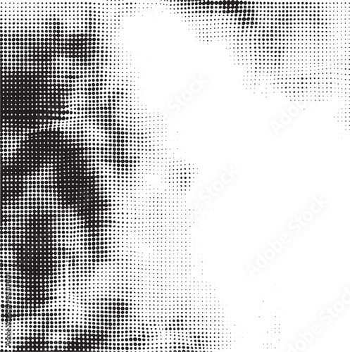 A grayscale portrait features a partially obscured face rendered with numerous tiny dots.