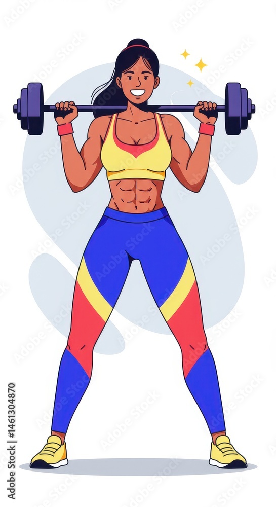 Obraz premium Strong Woman Weightlifting, Fitness, and Power: A vibrant illustration of a fit woman confidently lifting weights, symbolizing strength, determination, and healthy lifestyle choices.