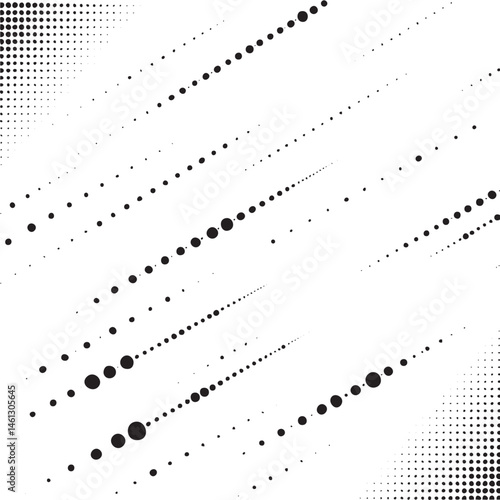 A dynamic array of scattered black dots creates a striking diagonal on a white background.
