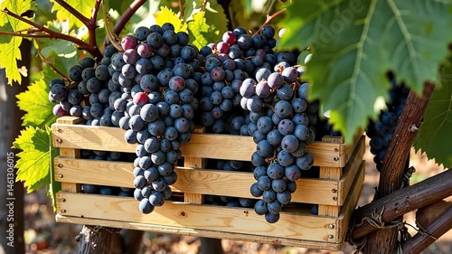 Fresh grapes harvested in wooden crate against green vines  