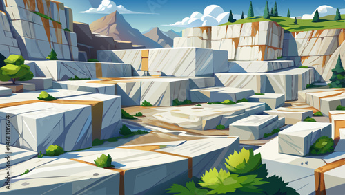 White marble stone blocks in quarry, outdoor, wide