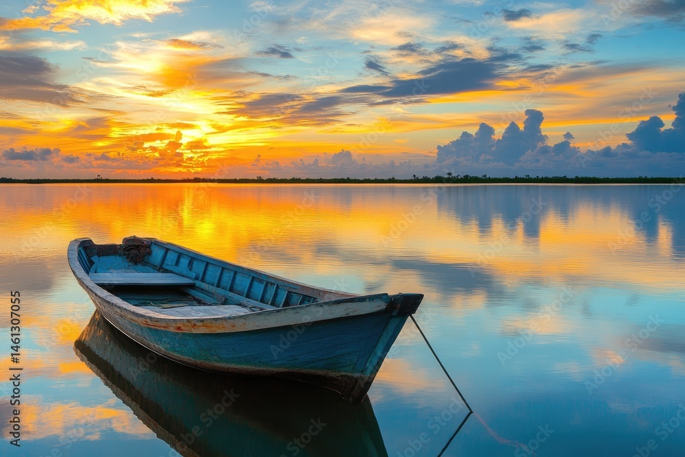 Peaceful sunrise over still water with a small boat. Calm morning on a tranquil lake Peaceful sunrise over still water with a small boat. Calm morning on a tranquil lake