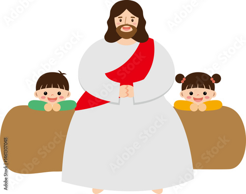 어린이와 함께 있는 예수님 벡터