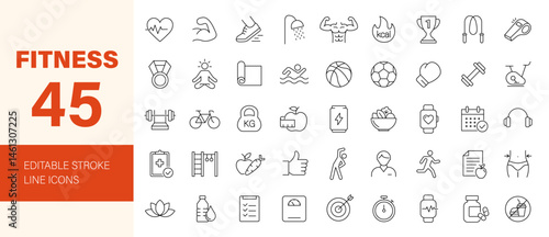 Fitness icon set. Containing health, wellness, exercise, physical activity, workout, strength, muscle, diet, gym, dumbbell, running and more. Editable line icons. Vector illustration.