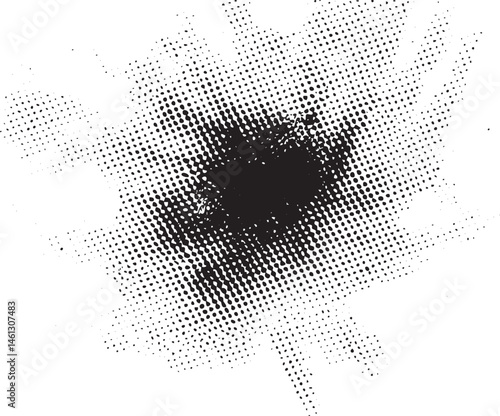 A dynamic halftone creates a blurred circular void within a white background.