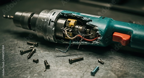 Broken Electric Drill with Scattered Screws on Dark Surface