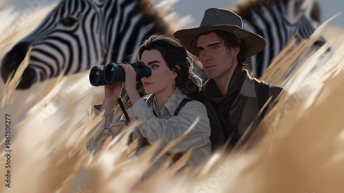 Couple Enjoying Safari Watching Zebras Through Binoculars