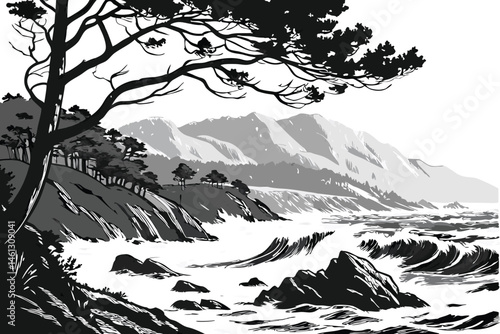 66 Black and white illustration, high contrast, ocean waves, mountains, coastal landscape, dramatic seas, rocky shore, turbulent water, silhouette of trees, detailed linework, woodcut style, scenic vi