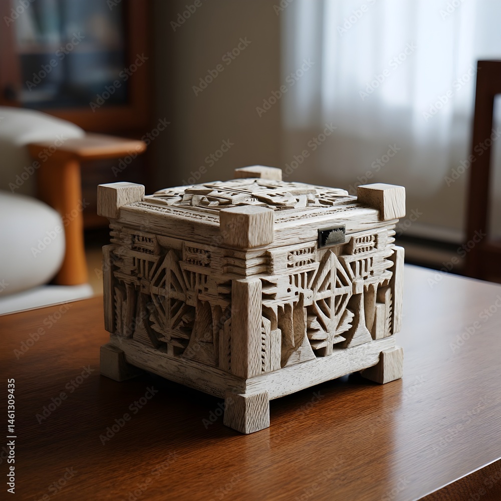 Fototapeta premium Challenge Your Mind with Sculptural Puzzle Box Intricately Carved and Hidden Mechanisms Revealing Secret Compartments