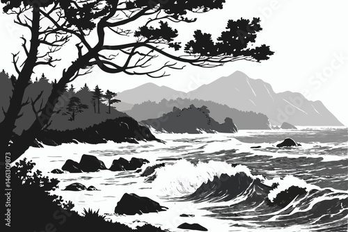 66 Black and white illustration, high contrast, ocean waves, mountains, coastal landscape, dramatic seas, rocky shore, turbulent water, silhouette of trees, detailed linework, woodcut style, scenic vi