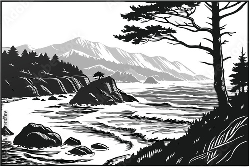 66 Black and white illustration, high contrast, ocean waves, mountains, coastal landscape, dramatic seas, rocky shore, turbulent water, silhouette of trees, detailed linework, woodcut style, scenic vi