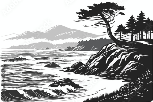 66 Black and white illustration, high contrast, ocean waves, mountains, coastal landscape, dramatic seas, rocky shore, turbulent water, silhouette of trees, detailed linework, woodcut style, scenic vi