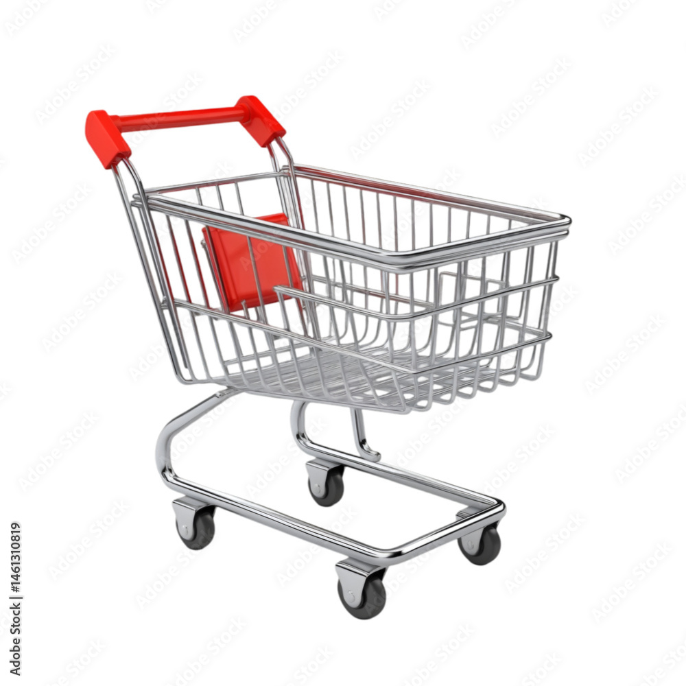 Empty shopping cart red handle metallic basket supermarket retail Empty shopping cart red handle metallic basket supermarket retail