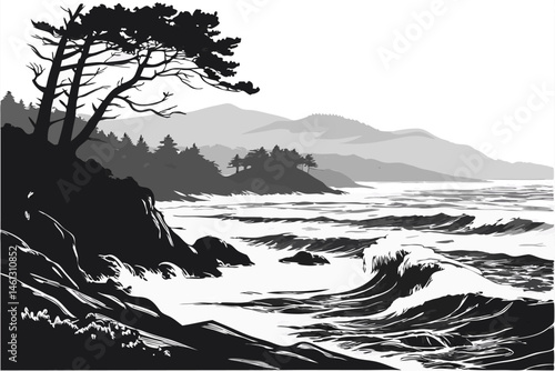 66 Black and white illustration, high contrast, ocean waves, mountains, coastal landscape, dramatic seas, rocky shore, turbulent water, silhouette of trees, detailed linework, woodcut style, scenic vi