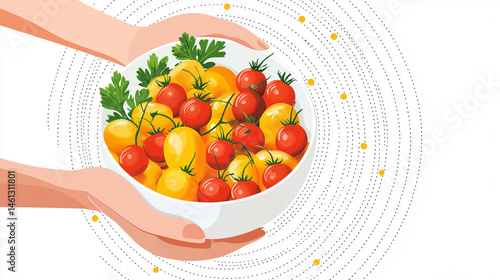 Freshly harvested cherry tomatoes in a white bowl with herbs